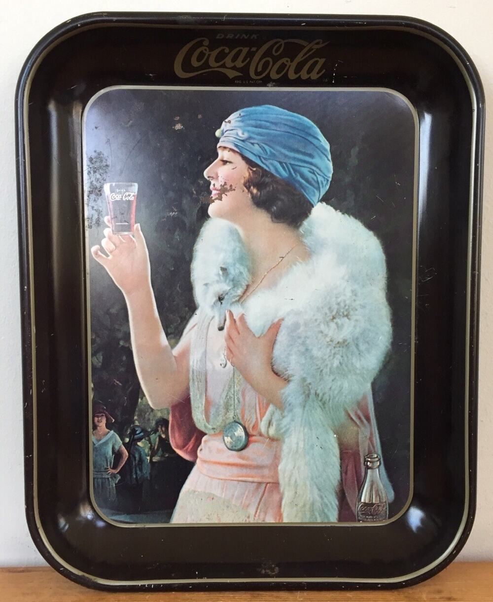 Vtg Antique Style Coca Cola Coke Turban Flapper Girl Mink Coat Serving Tray 13"